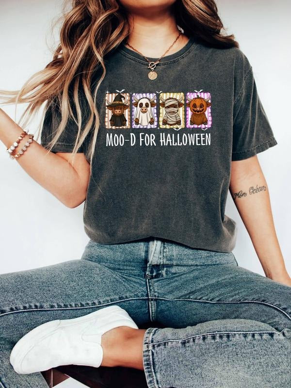 Halloween shirt, fun Halloween cow ghost costume shirt, trick or treat, cute cartoon animal T-shirt, comfortable women's...