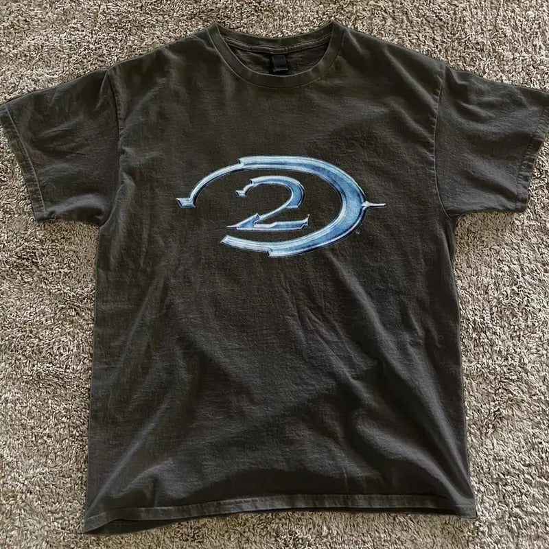 Halo 2 retro black tee blue logo Vintage Gaming Shirt Y2k ad campaign promo- vintage y2k tshirt  Tshirt Streetwear Tshirt...