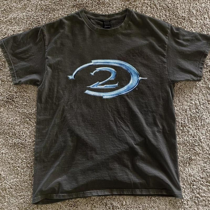 Halo 2 retro black tee blue logo Vintage Gaming Shirt Y2k ad campaign promo- vintage y2k tshirt Menswear Top Hoodie...