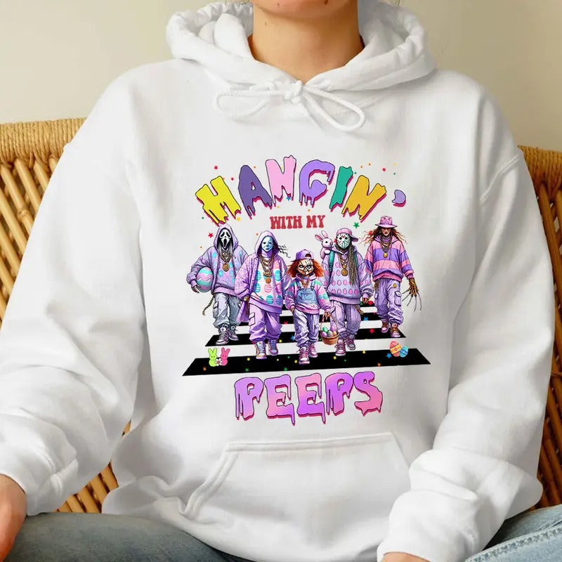 Hangin With Peeps Shirt, Happy Easter Horror Shirt, Trending Graphic Tee Hoodie Sweatshirt | PrintMintTees.com