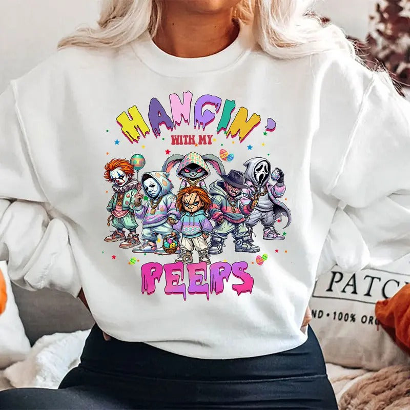 Hangin With Peeps Shirt, Happy Easter Horror Shirt, Trending Graphic Tee style 02 Hoodie Sweatshirt | PrintMintTees.com