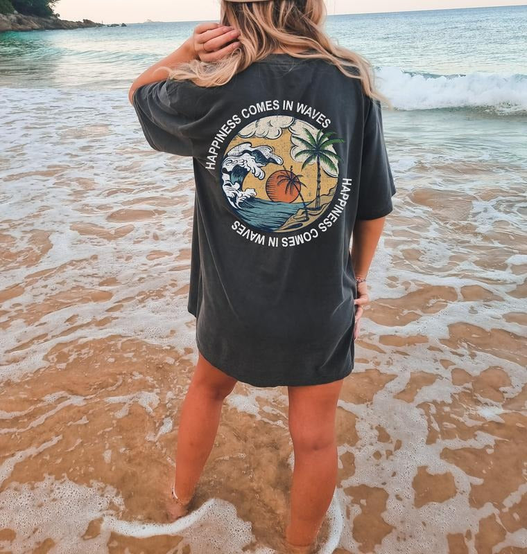 Happiness Comes in Waves Tee, Summer Graphic Tee, BeachT-shirt, Boho Tee, Vintage Inspired T-shirt Hoodie Sweatshirt
