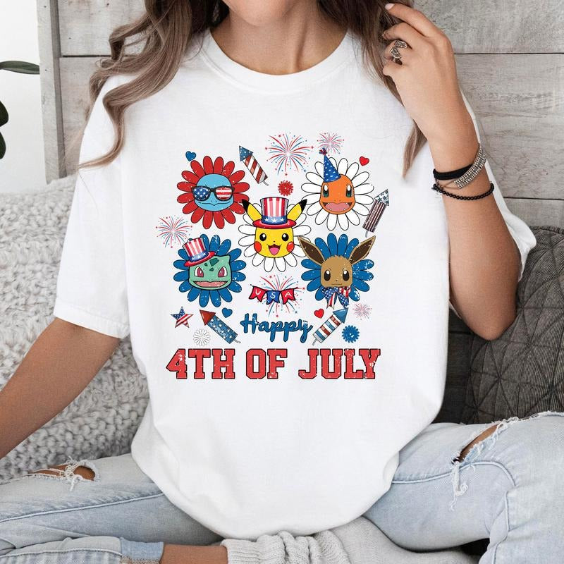 Happy 4th July PKM Anime Firework Independent Day Comfort Cotton T-Shirts, Hoodie, Sweatshirt