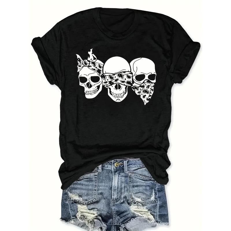 Happy Cartoon Skull T-Shirt: Loose Fit, Round Neck, Short Sleeved, Women'S Fashionable Top style 02 Hoodie Sweatshirt