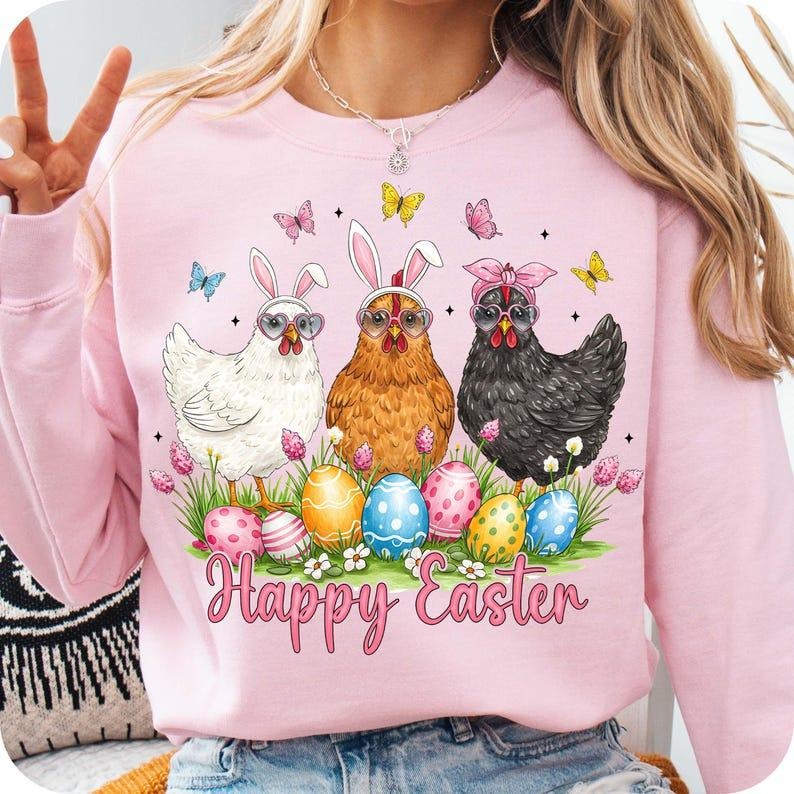 Happy Easter Day Chicken Sweatshirt Easter Chicken Retro Easter Spring Flowers Coquette Gift Shirt Hoodie | PrintMintTees.com