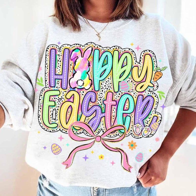 Happy Easter Sweatshirt Brushstroke Bunny Coquette Bow Retro Easter Preppy Dalmatian Dots Shirt Hoodie | PrintMintTees.com