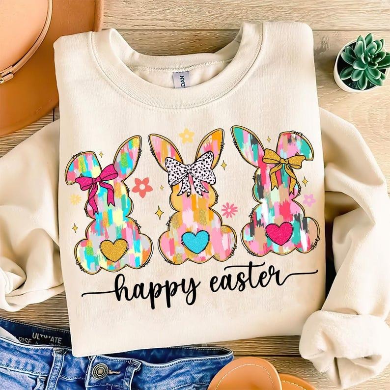 Happy Easter Sweatshirt Coquette Easter Bunny Retro Easter Brushstroke Easter Glitter Easter Shirt Hoodie | PrintMintTees.com