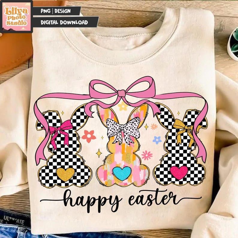 Happy Easter Sweatshirt Coquette Easter Bunny Retro Easter Easter Coquette Glitter Easter Shirt Hoodie | PrintMintTees.com