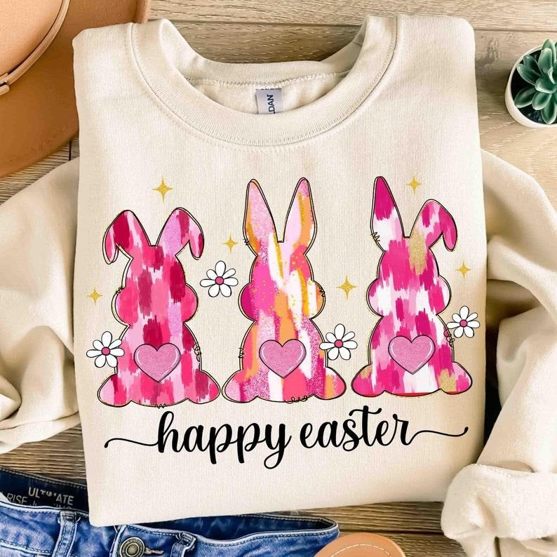 Happy Easter Sweatshirt Easter Coquette Bunny Retro Easter Brushstroke Girls Easter Shirt Hoodie | PrintMintTees.com