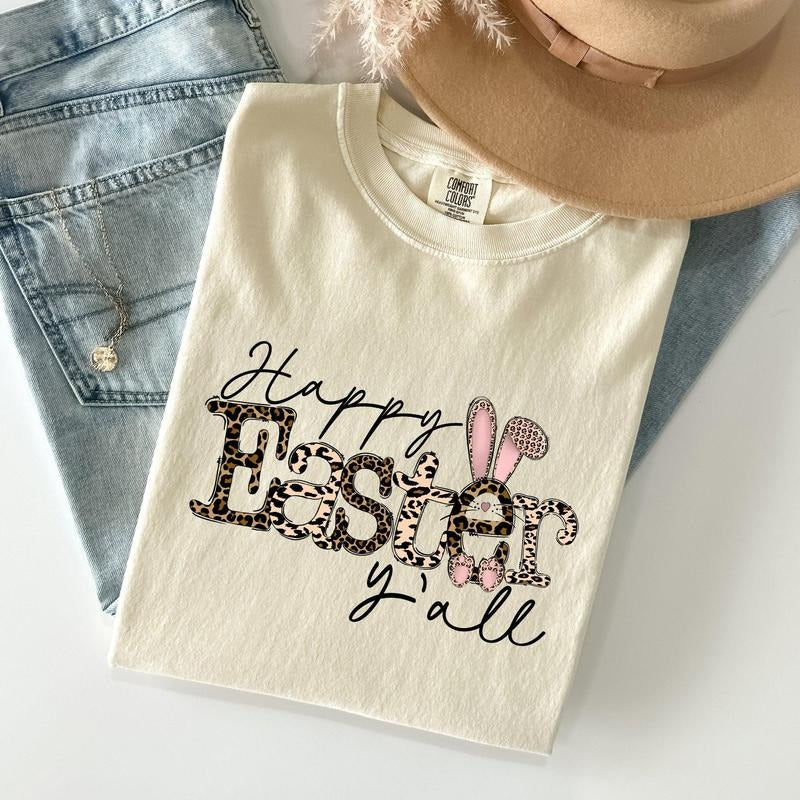 Happy Easter Y'All Leopard Print Rabbit Comfort Colors Crew Neck T-Shirts, Hoodie, Sweatshirt