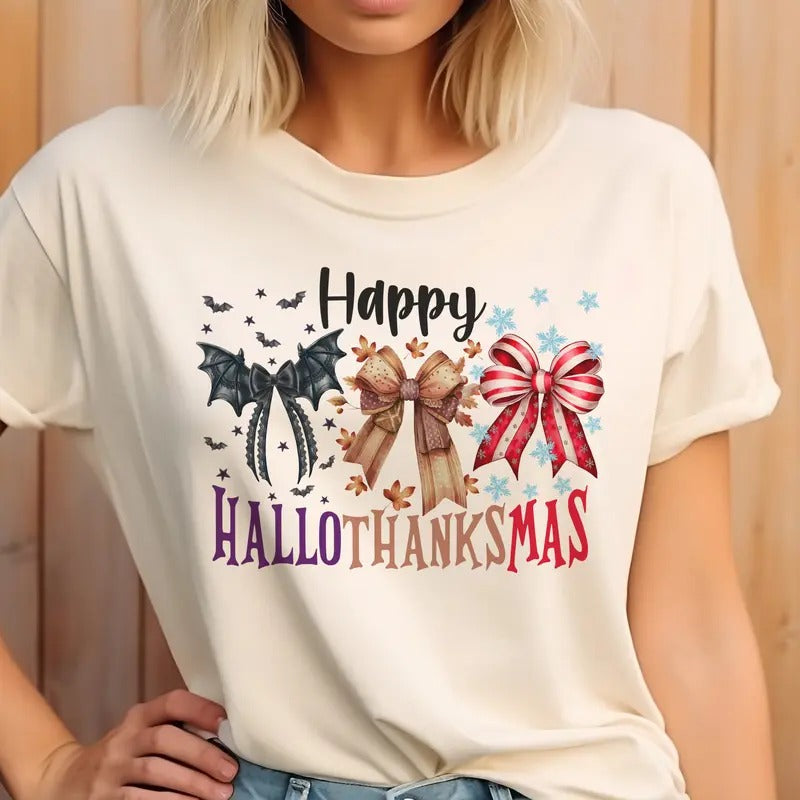 Happy HalloThankMas Tee Coquette HalloThankMas Tshirt Halloween Thanksgiving Christmas T-Shirt Womens Bow Holiday Top...