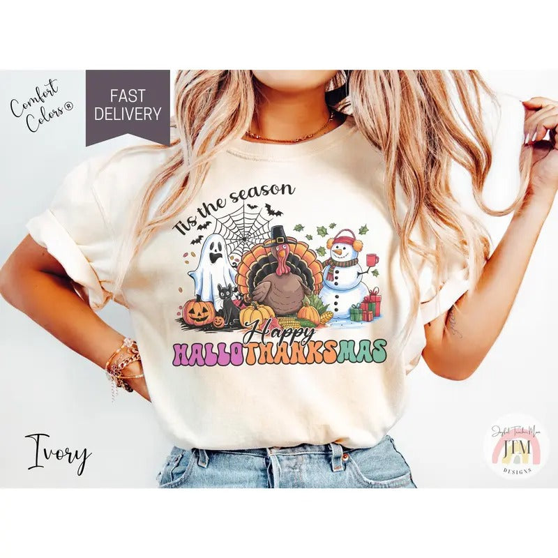Happy Hallothanksmas Comfort Colors Shirt Tis The Season Tshirt Halloween Thanksgiving And Christmas Gift Holiday Season...