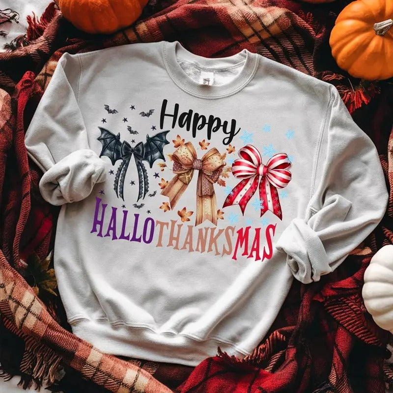 Happy Hallothanksmas Coquette Bows Halloween Christmas Sweatshirt, Christmas Coquette Bow Fall Shirt Hoodie