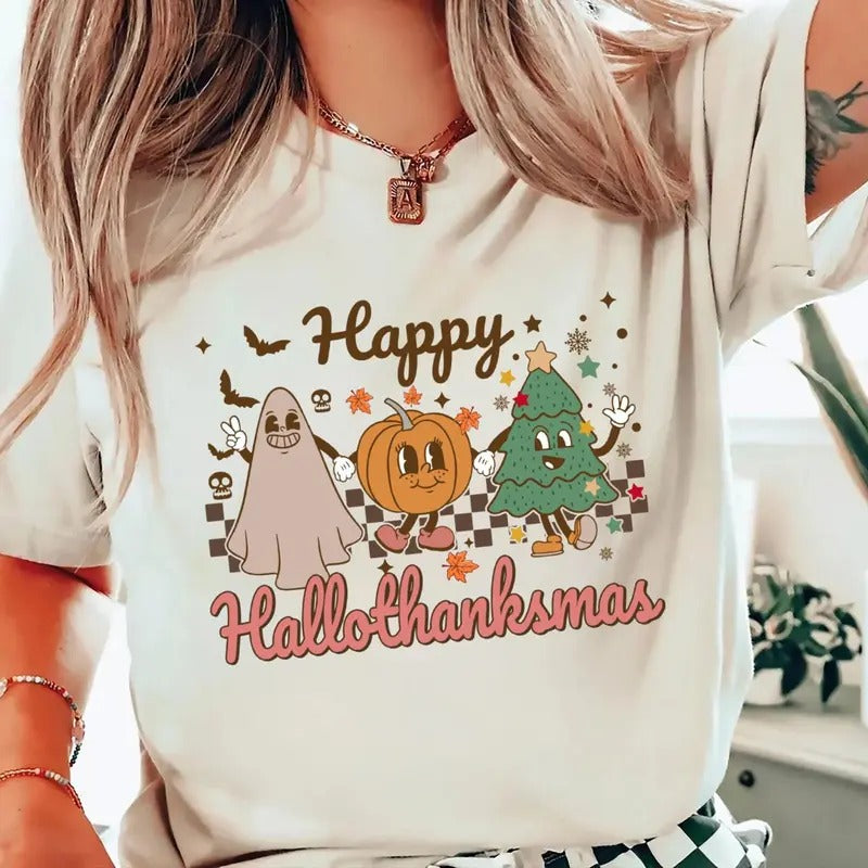 Happy Hallothanksmas Shirt Happy Halloween Thanksgiving Christmas Sweatshirt Holiday Season Shirt Funny Halloween Fall...