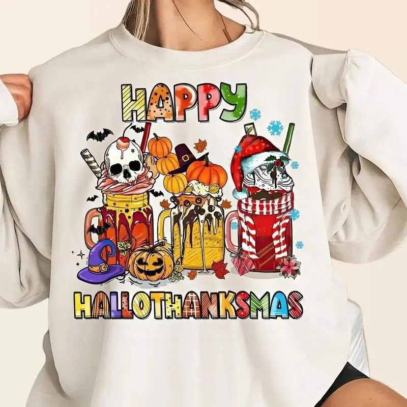 Happy Hallothanksmas Shirt, Christmas Holiday Season Tee Tops Crewneck Cotton Hoodie, Sweatshirt | PrintMintTees.com