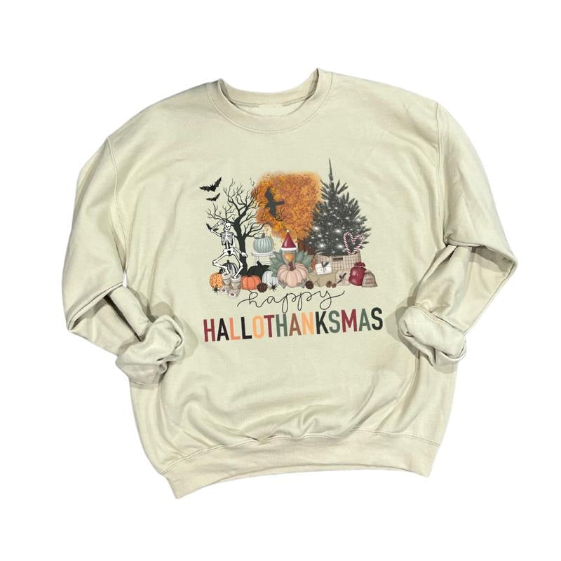 Happy Hallowthanksmas Crewneck T-shirt Long sleeve Hoodie Sweatshirt | PrintMintTees.com