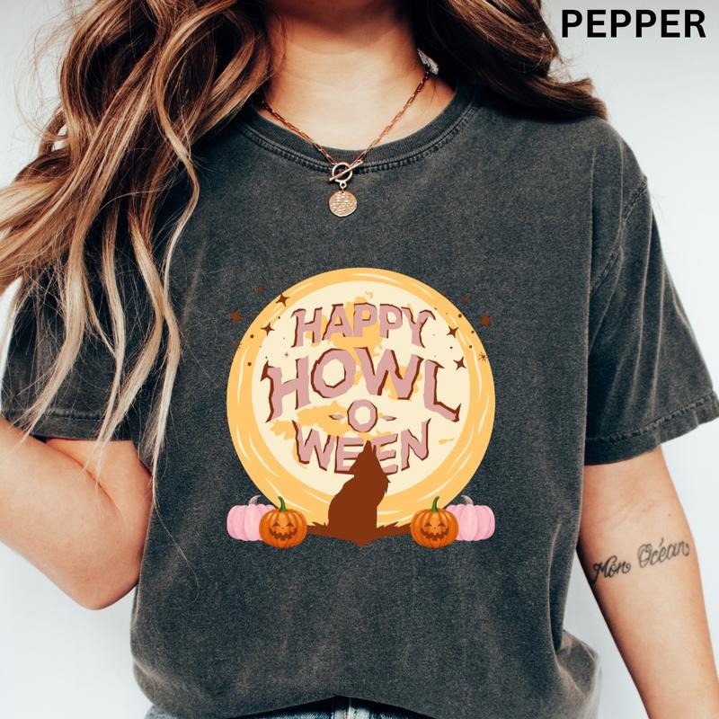 Happy Howl-O-Ween T-shirt, Comfort Colors Shirt, Halloween Graphic Shirt Fabric Lady Hoodie Sweatshirt | PrintMintTees.com