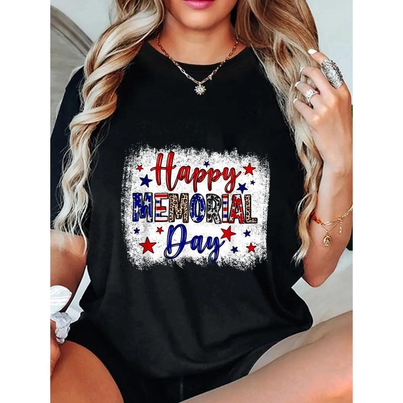 Happy Memorial Day Patriotic Print, Leopard Print and Star Design Print Women'S Round Neck Short Sleeve T-shirt style 02...