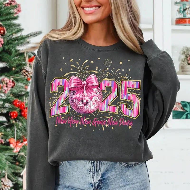 Happy New Year 2025 Crewneck Disco Ball Sweatshirt Varsity Brushstroke New Year Clothing Shirt Hoodie | PrintMintTees.com