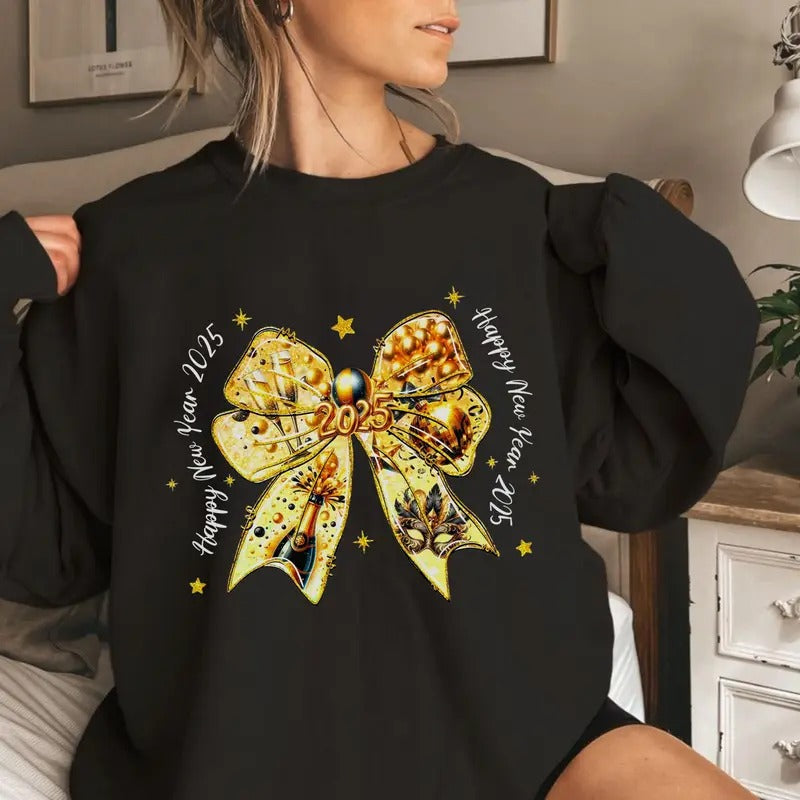 Happy New Year 2025 Yellow Blink Coquette Bow Graphic Printed Sweatshirt, Christmas Coquette Bow, Happy New Year Gift...