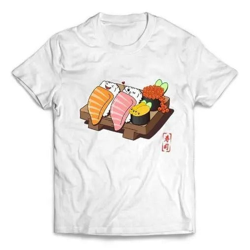 Happy Nigiri Sushi, Ikura and Uni on Wooden Plate - Short Sleeve Unisex, Men, Women, Youth T-Shirt Made in USA Hoodie...