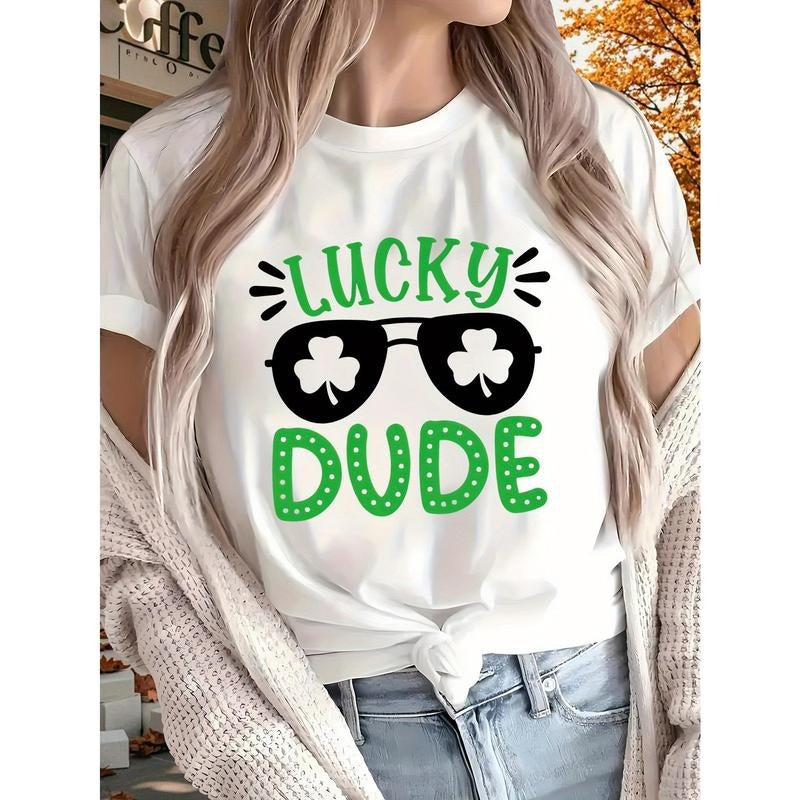 Happy St. Patrick'S Day Gift 1pc New Women'S T-Shirt, Summer, Pure, Printed, Short Sleeved Top, Black And White Optional,...