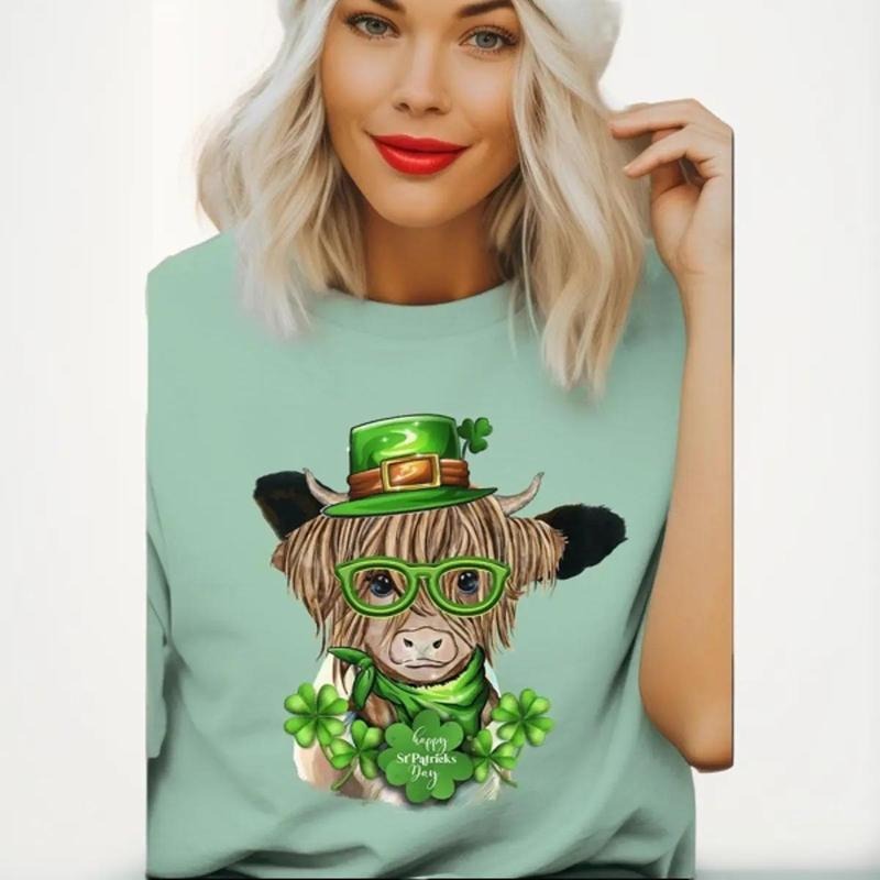 Happy St. Patrick's Day Highland Cow Short Sleeve Relaxed Fit T-Shirt Hoodie Sweatshirt | PrintMintTees.com