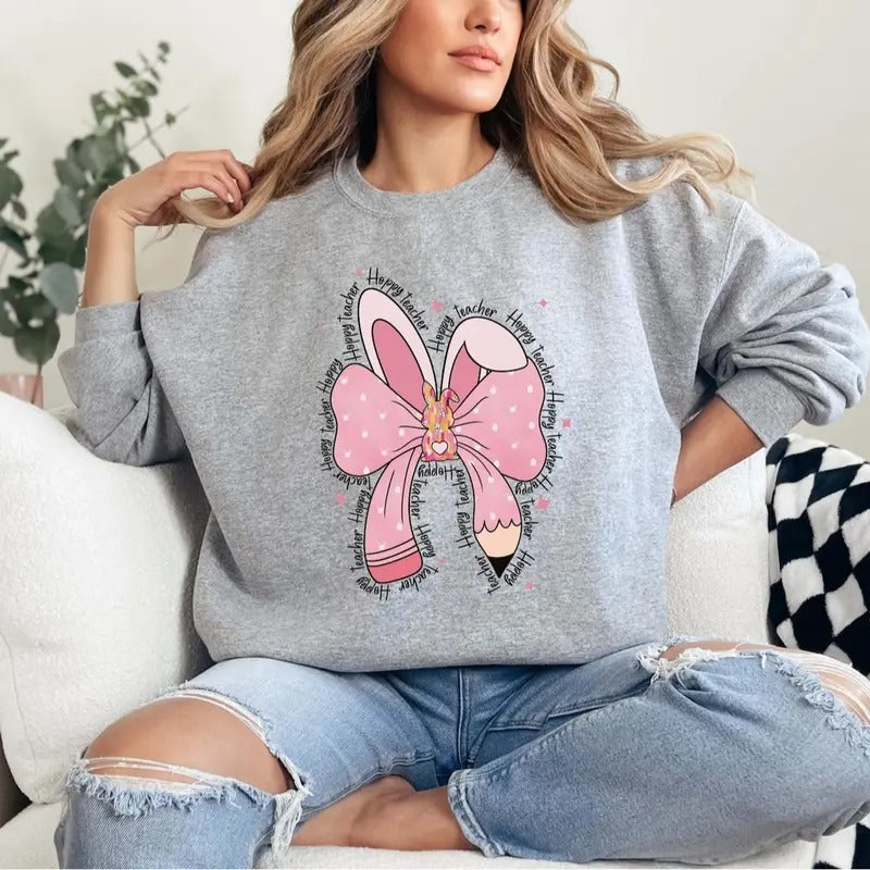 Happy Teacher Cute Coquette Bow Easter Bunny Sweatshirt, Teacher Easter Sweater, Teacher Appreciation Gift, Spring School...
