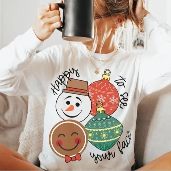Happy To See Your Face Christmas Sweatshirt and T-Shirt, Funny Holiday Shirt, Cute Smiley Face Xmas Top, Festive...