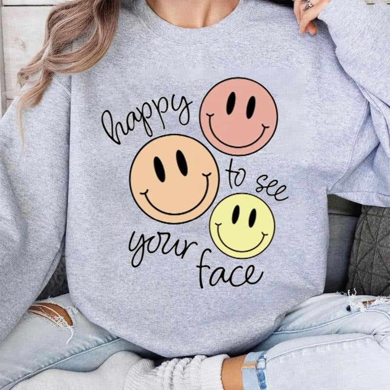 Happy To See Your Face Smiley Sweatshirt, Cute Smiley Face Teacher Crewneck, Back To School Tee, Colorful Flower Graphic...