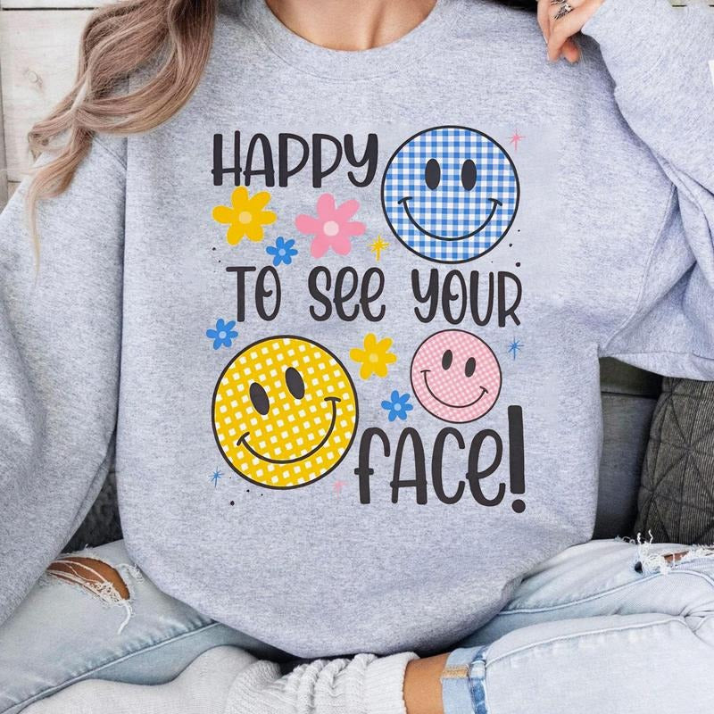 Happy To See Your Face Smiley Sweatshirt, Retro Cute Smiley Face Crewneck, Colorful Flower Graphic Pullover, Positive...