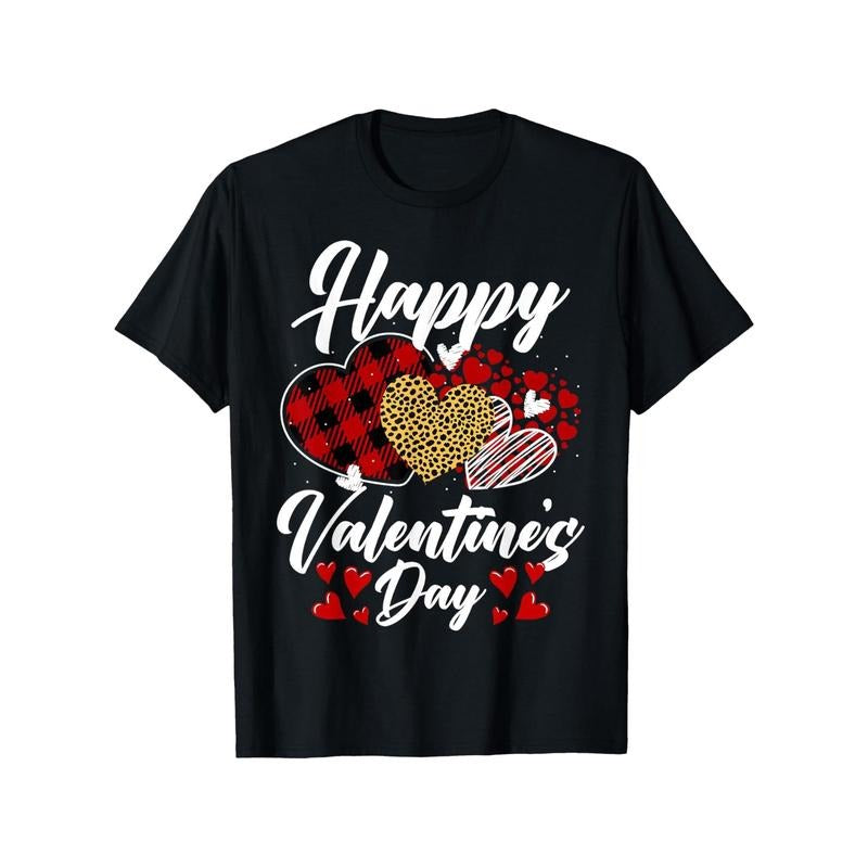 Happy Valentine'S Day Hearts with Leopard Plaid Valentine T-ShirtComfort Fit Man'S Tee Ultra Soft Breathable Casual Tee,...