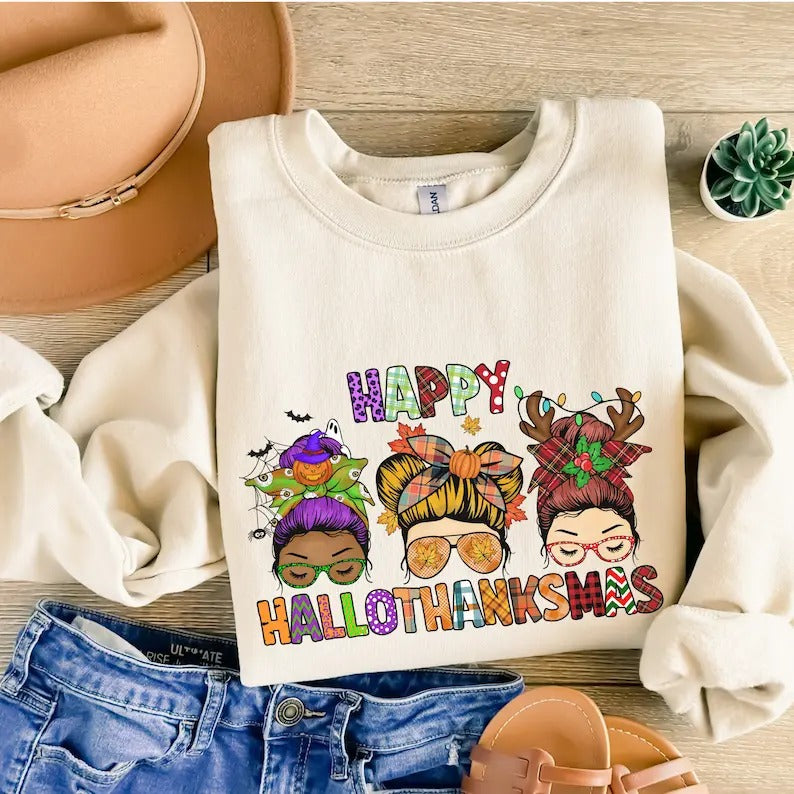 Happy hallothanksmas Sweatshirt, Hallothanksmas Sweatshirt for Women, Halloween Thanksgiving Christmas Sweatshirt, Fall...