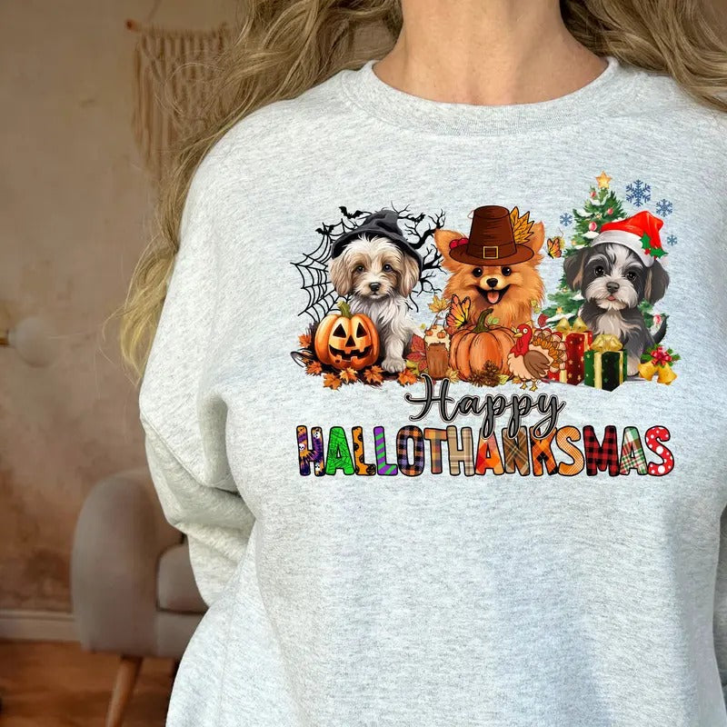 Happy hallothanksmas dog   Crewneck Sweatshirt Shirt Hoodie | PrintMintTees.com