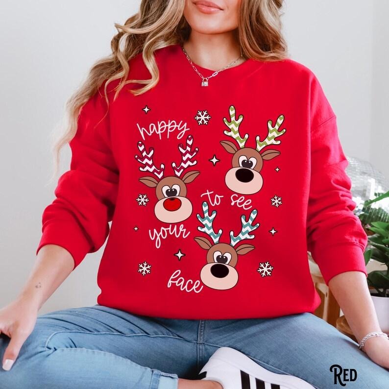 Happy to See Your Face Retro Reindeer Teacher Shirt and Sweatshirt, Christmas Holiday Teaching Outfit, Unisex Classroom...