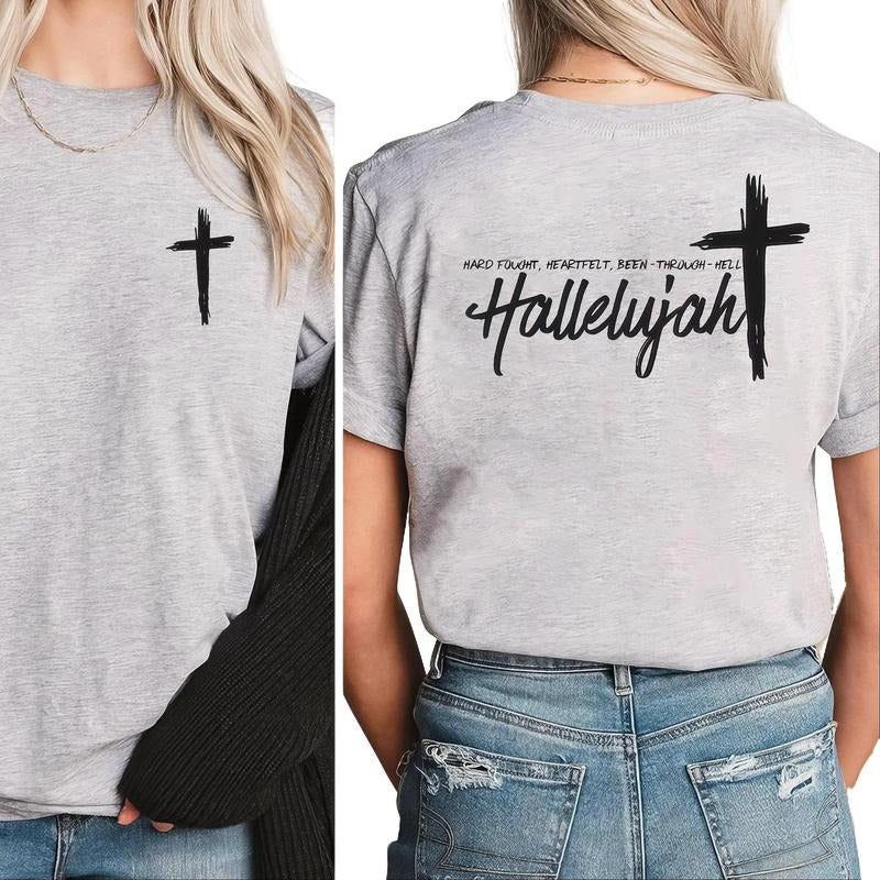 Hard Fought Hallelujah 2 Sides Shirt, Cross Christian Tee, Jesus Is King Graphic Tee Pure Cotton Casual T-Shirt Trendy...