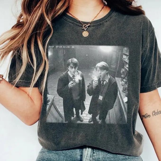 Harry and Ron Smoking Shirt Wizarding Fan Funny 90s Meme Menswear Streetwear Man Casual Shortsleeve Crewneck Tshirt Tops...