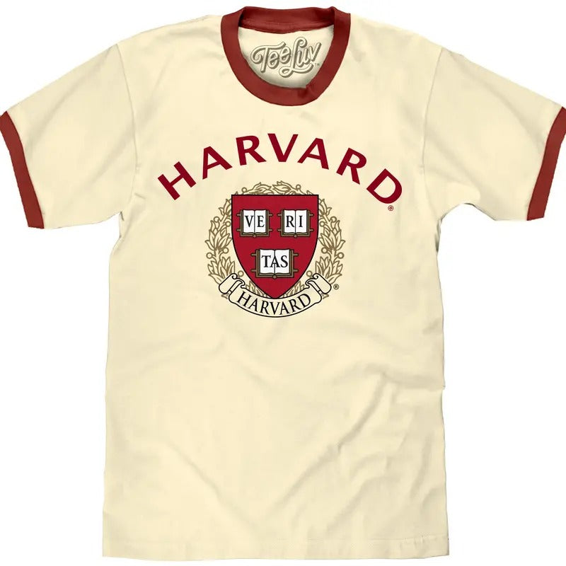 Harvard University Veritas Ringer T-Shirt - Natural Beige and Maroon Hoodie Sweatshirt | PrintMintTees.com