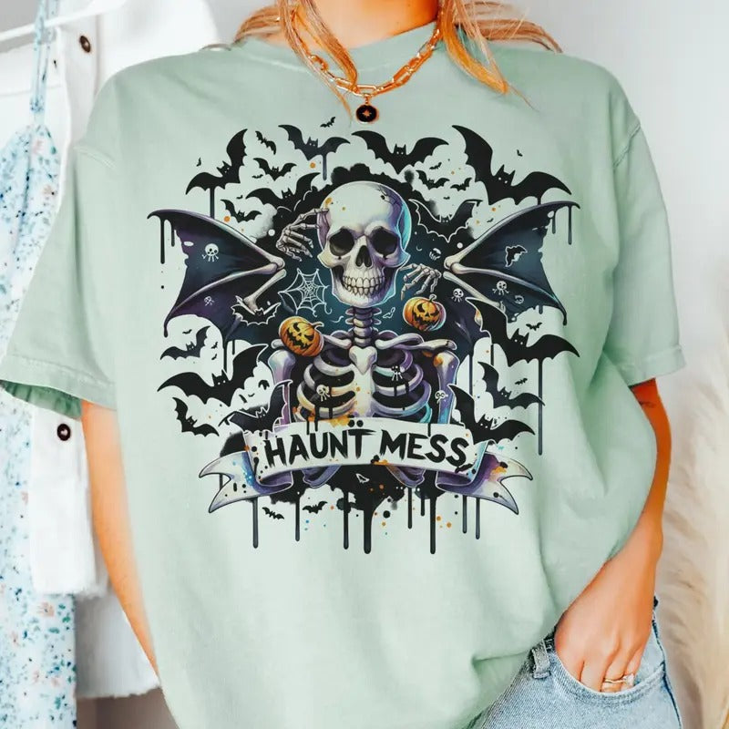 Haunt Mess Halloween Tee Haunt Mess Halloween Tshirt Haunt Mess Skeleton T-Shirt Halloween Skeleton Top Halloween Bat Tee...