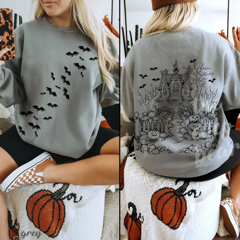 Haunted House Halloween Sweatshirt, Halloween Party Bats Crewneck Spooky Season Shirt Hoodie | PrintMintTees.com