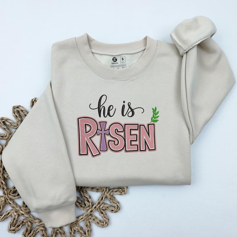He Is Risen Easter Embroidered Sweatshirt, Trendy Easter Cross Sweatshirt, Christian Embroidered Crewneck Sweater Shirt...