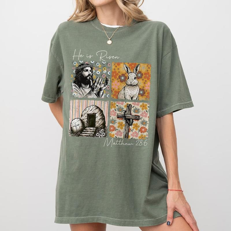 He Is Risen Easter Shirt, Matthew 28:6 Christian Tee, Faith-Based Resurrection Shirt, Floral Jesus Cross Tomb Bunny...