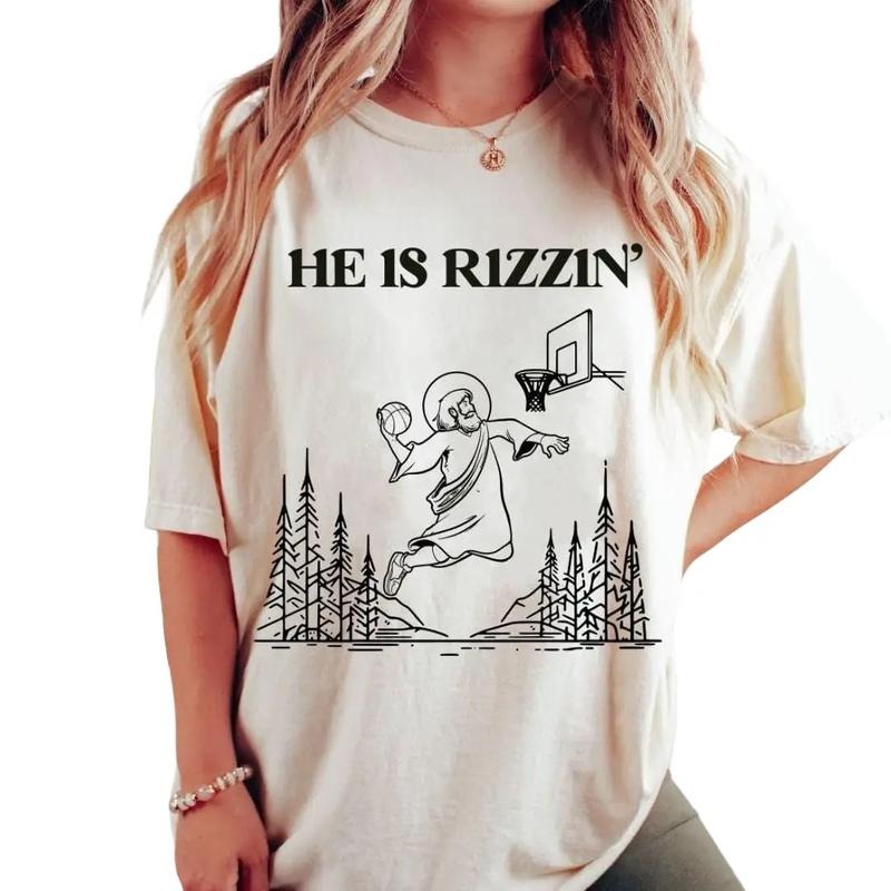 He Is Risen Funny Easter Shirt, Jesus Playing Basketball, Retro Y2k Christian Faith Religious Shirt, Christian Easter...