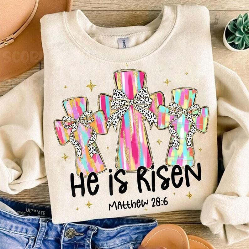 He Is Risen Sweatshirt Christian Easter Coquette Bow Happy Easter Preppy Easter Bible Verse Shirt Hoodie | PrintMintTees.com