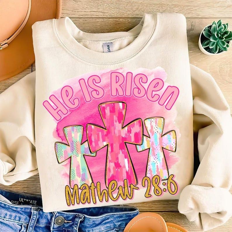 He Is Risen Sweatshirt Preppy Easter Christian Easter Coquette Bow Happy Easter Bible Verse Shirt Hoodie | PrintMintTees.com