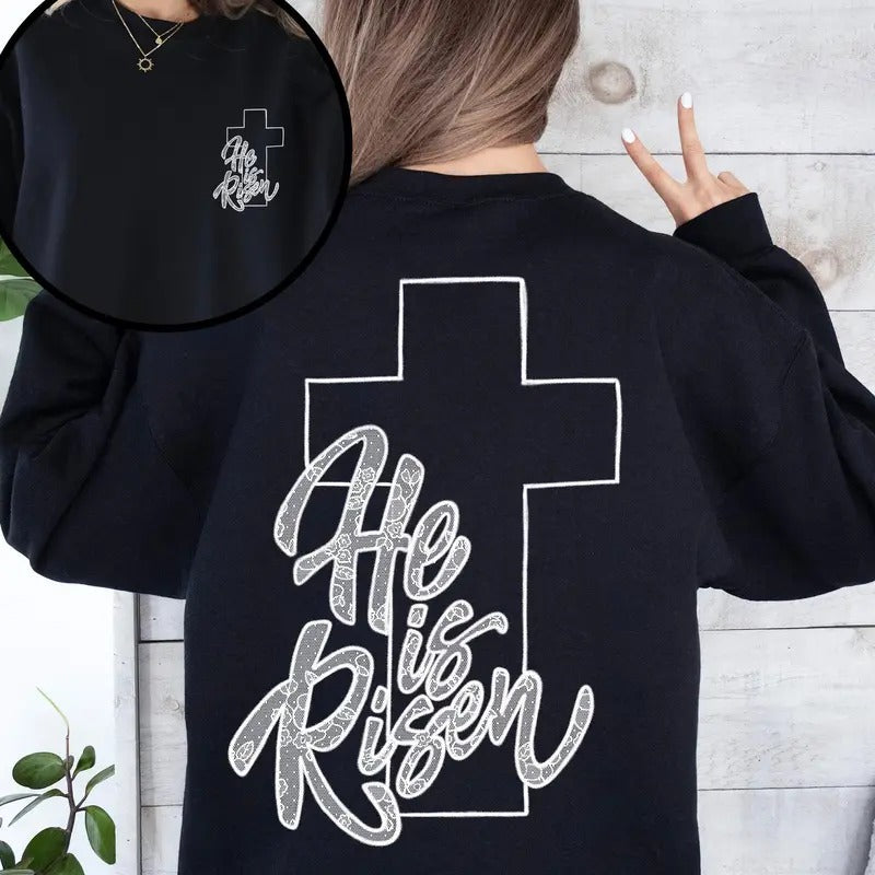 He Is Risen, Faux Lace, Girly, Cross, Coquette, Christian, Jesus, Gospel, Faith, Saved Sweatshirt, Crew Neck, Women's,...