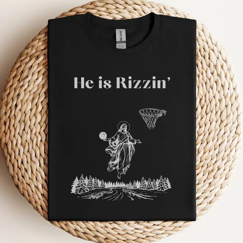 He Is Rizzin' Easter Basketball Tee, Funny Jesus Hoops Shirt, Hilarious Holiday Apparel Hoodie Sweatshirt | PrintMintTees.com
