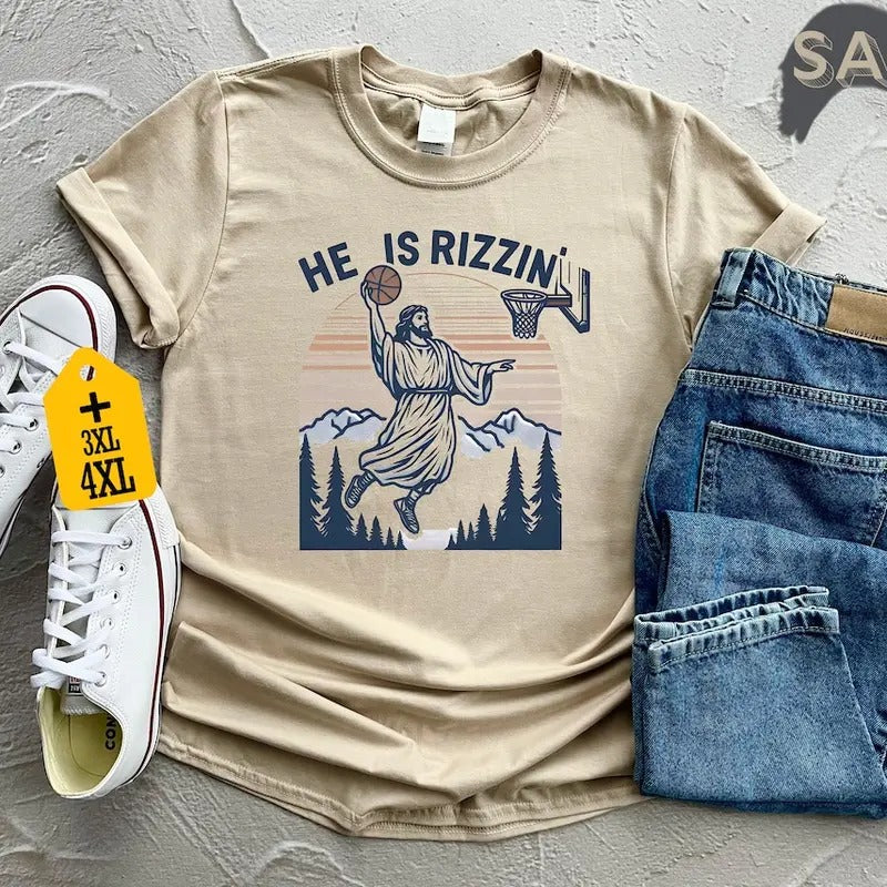 He Is Rizzin' Funny Jesus Playing Basketball Shirt, Retro Y2K Christian Faith Tee Cotton Menswear Hoodie Sweatshirt