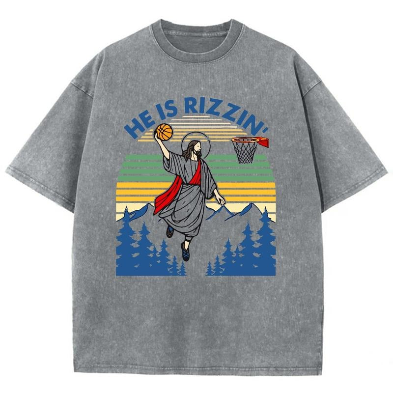 He Is Rizzin' Unisex Washed T-Shirt, Christian Jesus  t shirts, Vintage 90s Graphic Tee Gift Cotton Top, Mineral color...
