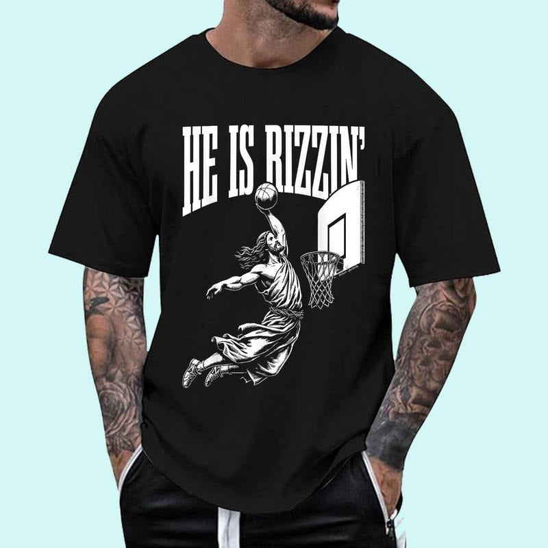 He Is Rizzin Funny Jesus Basketball Meme T-Shirt | Tee For Men and Women, Unisex Cotton Hoodie Sweatshirt | PrintMintTees.com